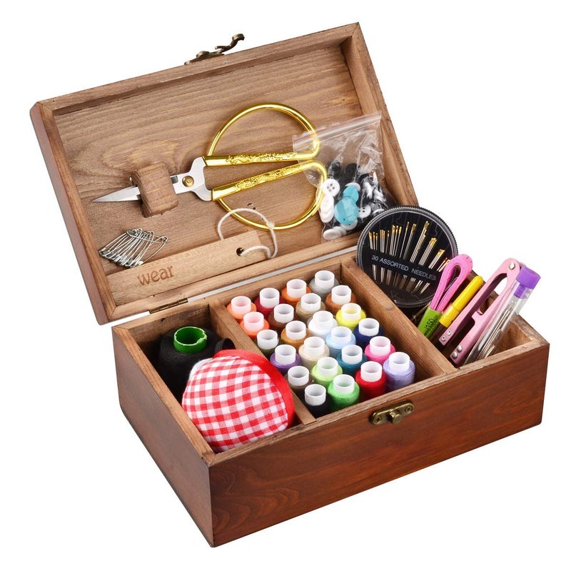 BTU Sewing Kit, Wooden Sewing Kit Box for Adults, Wooden Sewing Basket with Accessories, Home Sewing Basket Stitching Repair Kit for Beginner, Women, Men,Vintage Embroidery Scissors Kit (Retro Brown) - Image 5